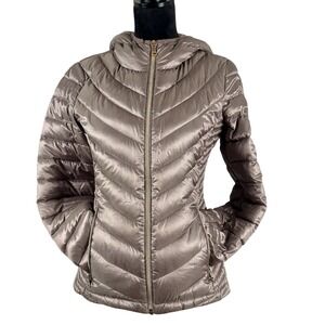 Calvin Klein Hooded Packable Premium Down Puffer Coat Women L Champagne Jacket